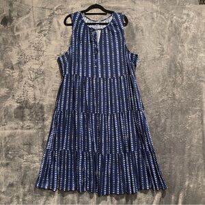 Old Navy Blue Striped Midi Dress Women’s XXL Tiered Pockets Casual Tie Neck